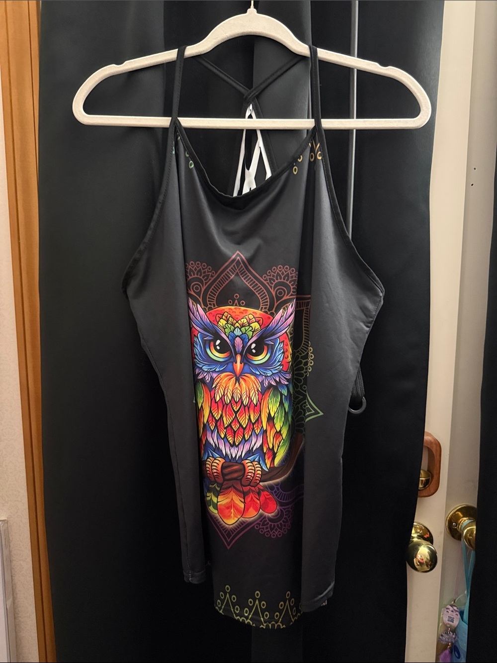 Source Unknown Black Bodysuit with Multicolor Neon Owl Graphic